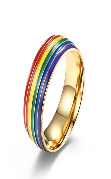 

whole source rainbow flag gay titanium steel ring plated with 18k gold lala ring jzr0624261253, Golden;silver