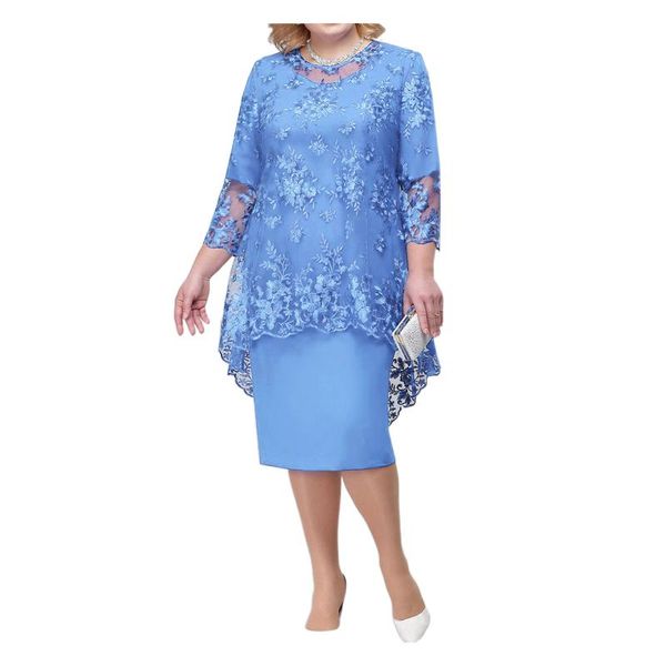 

t-shirt plus size dresses summer lace mesh elegant midi party layerd dress loose three quarter sleeve women's clothing 4xl 5xl robe, Black
