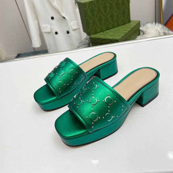 

metallic color double g slippers womens 4cm wedges platform sandal studded logo cow leather flip flops summer gu mules beach pool slides emb, Black