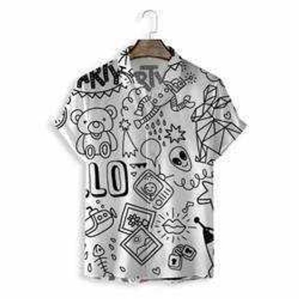 

all sample over print button up shirt cartoon graffiti shirt breathable summer shirts men nfy, White;black