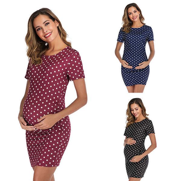 

maternity dresses 2022 new vintage pregnant women's dress o-neck elegant short skirt dot print pregnant women's wear 3 colors g220, White