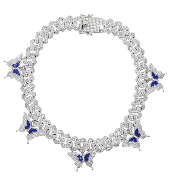 

multi big butterfly choker pendant necklace jewelry hip hop silver color 15mm cuban chain cz paved buttetfly charm jewelrys8262820