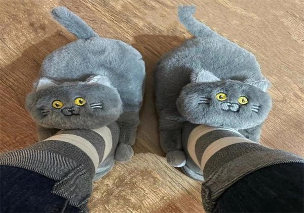 

slippers cuddly hug cat women men winter home slides kawaii floor shoes furry girl white mules funny cute gift 2209239366464, Black