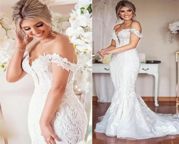 

2022 designer lace wedding dress plus size mermaid bridal gowns vintage appliqued off the shoulder lady marriage dresses arab5473564, White