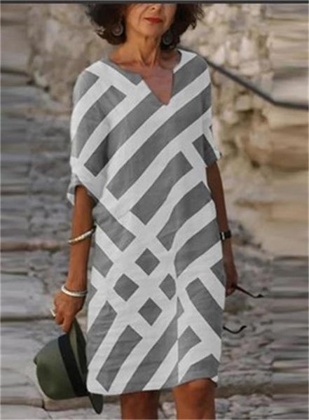 

dresses 2022 summer autumn casual dress vintage print half sleeve vneck straight aline loose midcalf fashion party dresses, Black;gray