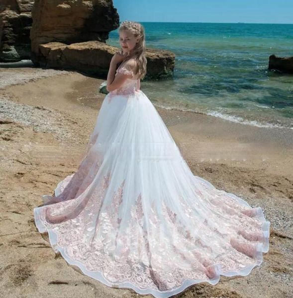 

2021 lovely flower girls dresses for weddings princess jewel long tail lace apliques big bow sweep train little kids holy pageant 1331905, White;blue
