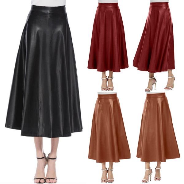 

dresses women long skirts spring leather pu skirt celmia 2022 solid office lady midi skirts elegant highwaisted party skirt bottoms, Black;gray