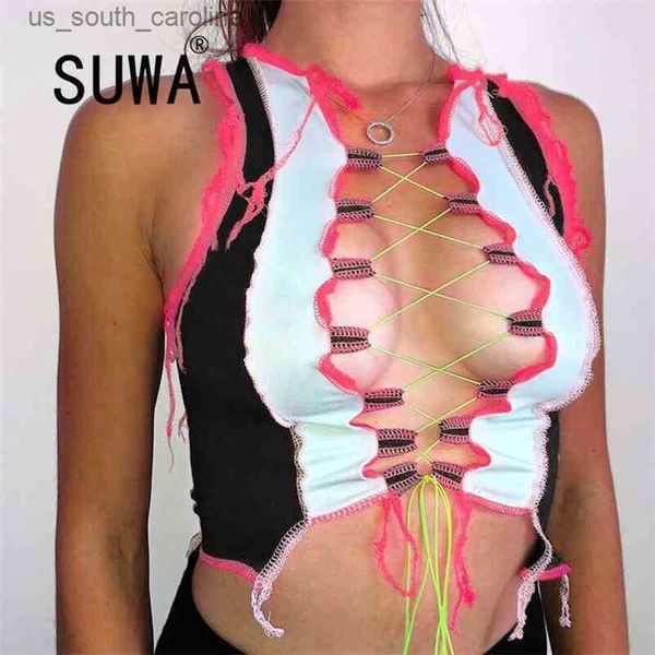 

camis contrast sleeveless patchwork bandage crop tank spring summer women fashion streetwear outfits tees party club tunic 210525 l230522, White