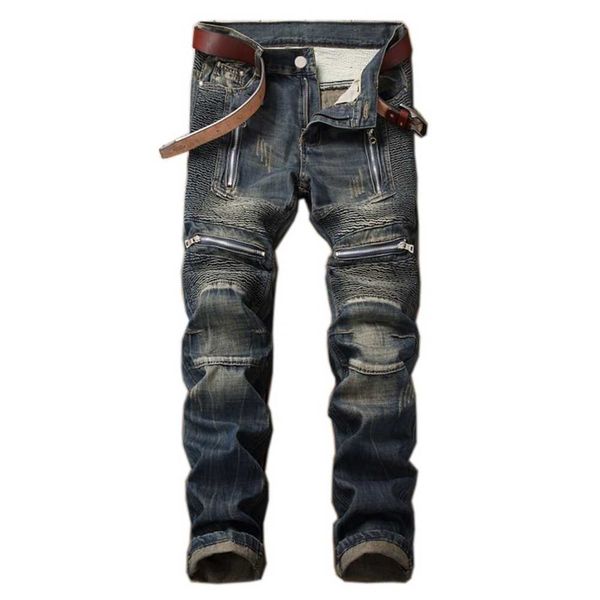 

trendy straight leg men's stacked jeans punk vintage biker zipper pocket motorcycle pants fashion patchwork male denim trousers, Blue