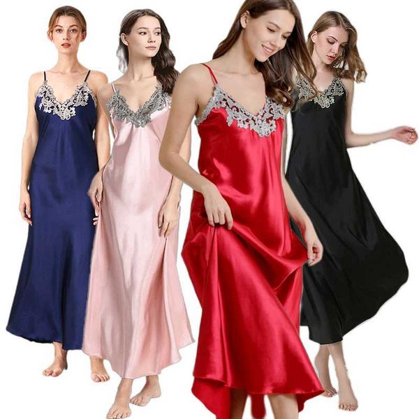 

pyjamas 2 pcs lace night dress pink negligee ladies long nightgowns womens sleepwear silk nightwear v-neck big lingerie robes bathrobe j2306, Red;black