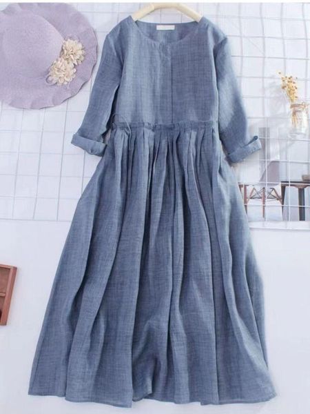 

dresses 2022 new summer cotton linen long sleeve oneck drawstring dresses large swing solid maxi shirt dress for women vestidos mujer, Black;gray