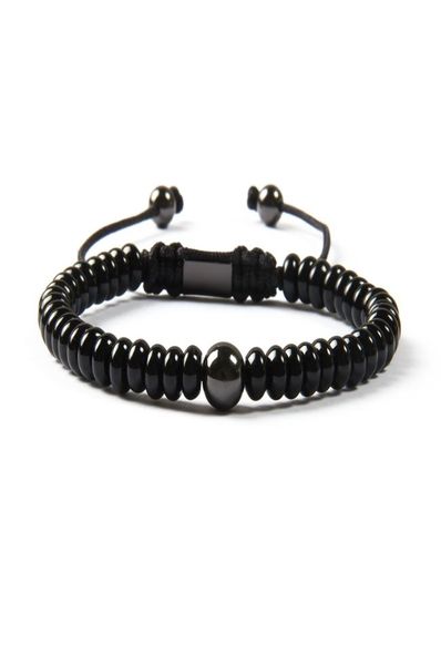

whole black jewelry new arrival natural flat black onyx stone with 8mm brass beads macrame bracelet for men9387891, Golden;silver