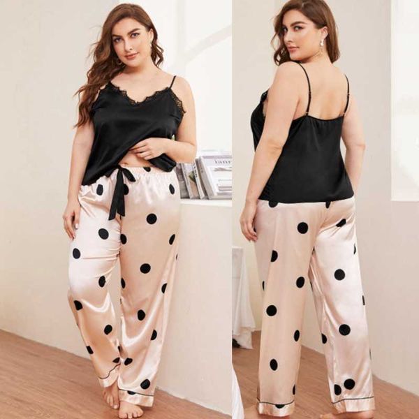 

pyjamas xl-4xl womens 2pcs sleep set lace pajamas suit summer satin nightwear intimate lingerie loose pyjamas pants v-neck sleepwear j230601, Red;black