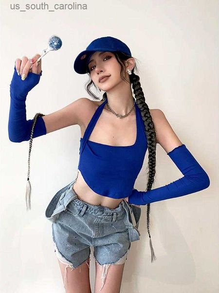 

camis t-shirt kosahiki halter tank women irregular vintage solid sleeveless crop tees y2k korean fashion oversleeve gothic blusa mujer l2305, White