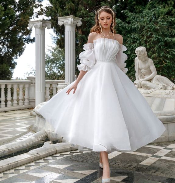 

princess organza wedding dresses 2023 garden strapless removable sleeve robe de mariage bridal gown tea length vestido de noiva, White