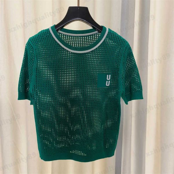 

miu green tshirts summer knit tees shirt women designer summer short sleeves round neck letter embroidery hollow out casual tshirt womems cl, White