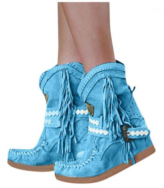 

winter bohemian boots womens flats thick bottom shoes booties round toe retro fringe thick bottom ankle boots green 354314037449, Black