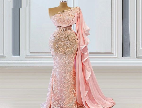 

chic pink mermaid evening dresses one shoulder lace appliques party gowns women prom dress front split floor length elegant robe d9013071, Black;red