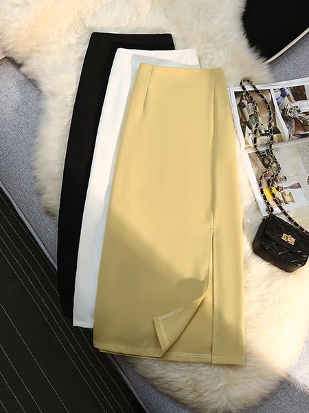 

dresses syiwidii office ladies suits skirts 2022 spring summer side split white black yellow korean fashion work midi skirt, Black;gray