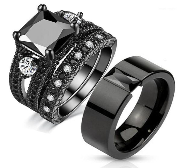 

black nano zircon black gold plated ring luxury gold men and women combination couple ring bridal engagement gift17996604, Slivery;golden
