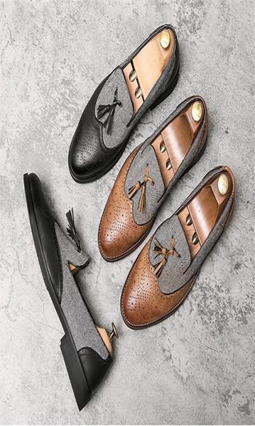 

2020 men039s dress shoes loafers men brogue shoes leather driving business wedding flats tassel shoes men5911687, Black