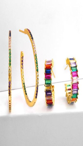 

trendy rainbow baguette cubic zirconia cz hoop earring gold filled colorful gorgeous european huggie earrings jewelry ersq981213919, Golden;silver