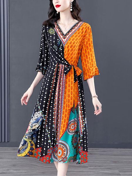 

dresses summer print natural silk flare sleeve vneck midi dress women korean vintage casaul party dress 2023 new elegant bodycon dress, Black;gray
