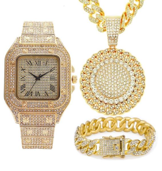 

chains 3pcs iced out necklace bracelet watches rhinestone 13mm miami cuban pandents bling gold watch for men jewelry set8838761, Silver