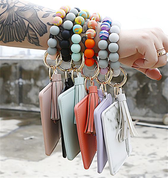 

silicone bead bracelet keychain pendant, pu tassel leather card bag, handmade diy beaded bracelet keychain pendant, Silver