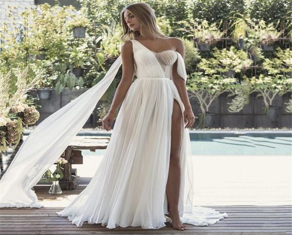 

2022 chiffon beach wedding dress one shoulder beading boho bride gowns high side slit bridal gowns custom made vestido de noi4403546, White