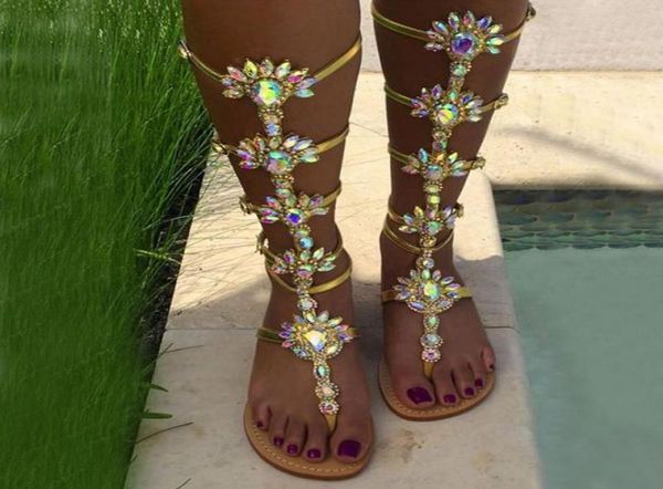 

summer flats sandal gladiator gold rhinestone knee high buckle strap woman boots crystal beach shoes plus size 43 sandals3828333, Black