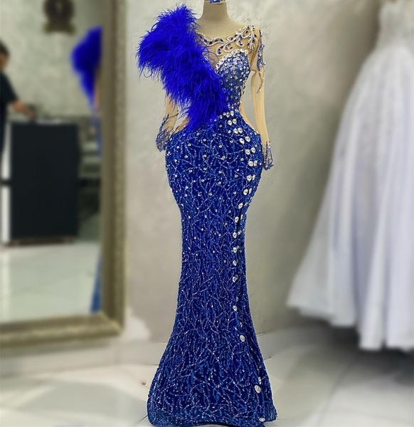 

2023 may aso ebi royal blue prom dress feather beaded crystals evening formal party second reception birthday engagement gowns dresses robe, Black