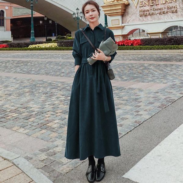 

dresses autumn winter corduroy elegant dresses for women maxi korean fashion temperament tunics casual dresses bandage dress with slit, Black;gray
