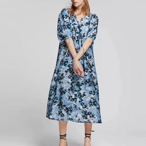 

2023 designer maxim party summer dresses for woman v-neck tie up floral print bubble sleeves loose fitting mid length dress designer robe, Black;gray