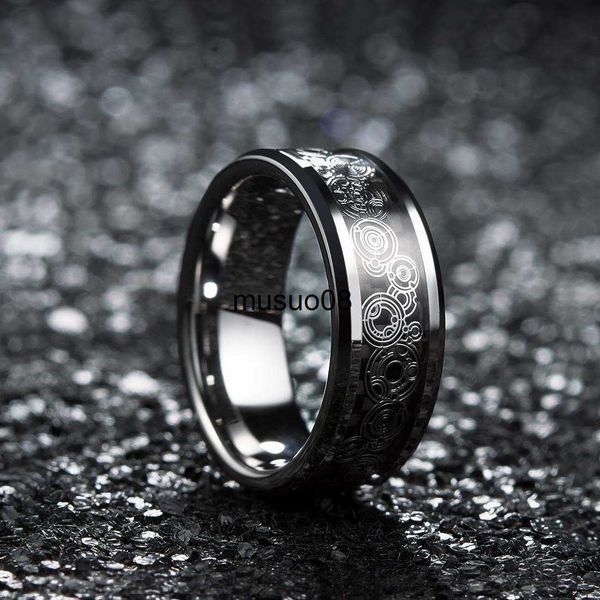 

band rings 8mm fashion men's tungsten alloy wedding ring geometric pattern inlaid black carbon fiber stainless steel men's wedding, Silver