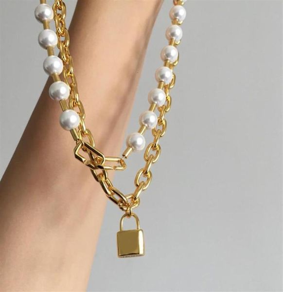 

titanium with 18k gold faux pearl layered lock statement neckalce stainls steel jewelry t show party runway boho japan korea19667768446, Silver