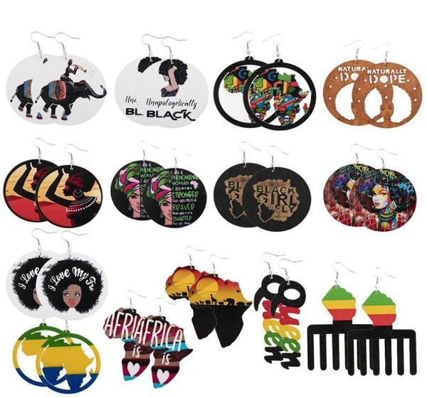 

14 styles geometry round wooden earrings dangle printed african female portrait letters earring afro maps comb shape ear hook eard8064145, Silver