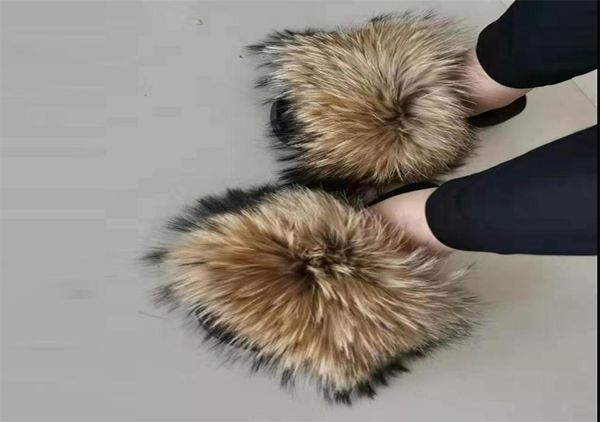

women raccoon fur slippers real fur slides fluffy sliders female sandals with fur home cute plush shoes y2007068628188, Black