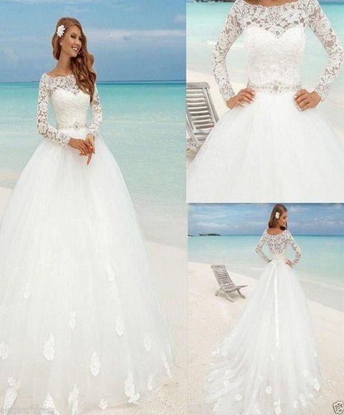 

beautiful beach long sleeve ball gown wedding dresses boat neck lace floral fitted beaded sash summer bridal arabic bohemian3545774, White
