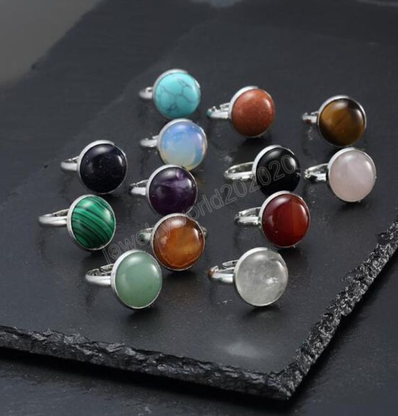 

10mm natural stone solitaire ring white blue turquoise opal pink crystal chakra open rings for women jewelry whole8724854, Silver