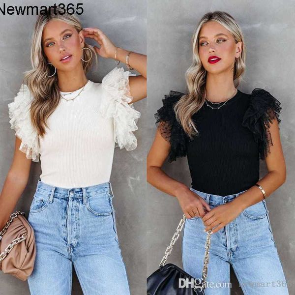 

womens knit t shirt 2023 designer woman clothing solid color round neck casual women lotus sleeve tee shirt, White