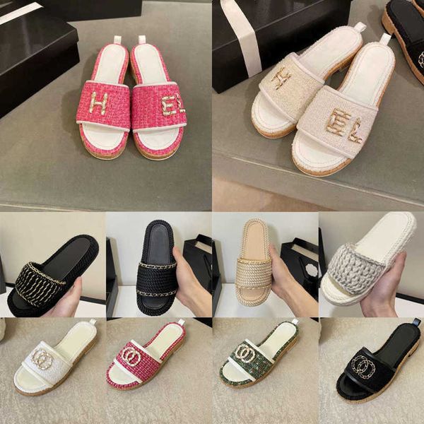 

7a excellent tweed leather straw woven slides sandals slip on wedge flats fashion beach mule flip flops casual slides shoes platform chain r, Black