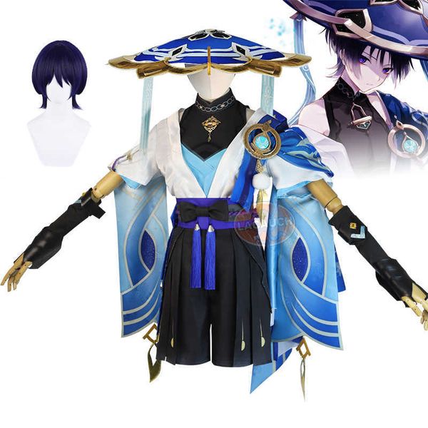 

anime costumes game genshin impact scaramouche cosplay genshin lmpact scaramouche wanderer come hat wig men women kimono set halloween suit, Black