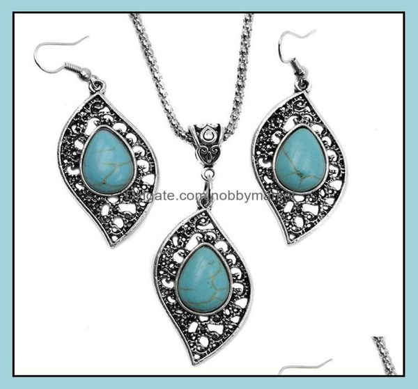 

earrings necklace jewelry sets fashion turquoise set antique sier leaves pendant necklacesearring 2pcs for women drop delivery 4156750, Silver