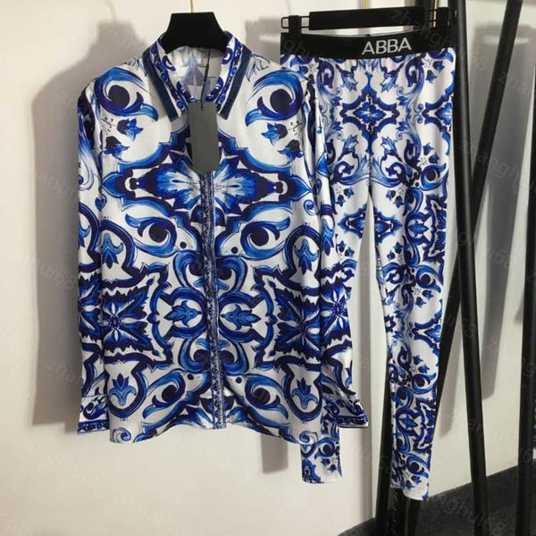 

23ss shirts suits casual suit women pants sets womens designer clothing blue and white porcelain printed shirt stretch leggings set women cl