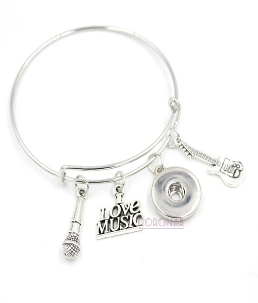 

whole snap jewelry i love music bracelet guitar microphone expandable bangle guitar microphone snap button bracelets for music3233707, Golden;silver