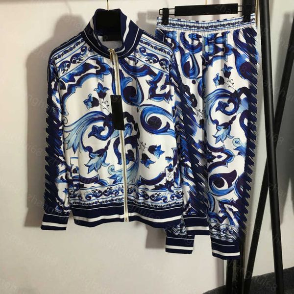 

23ss casual suit women pants sets womens designer clothing blue and white porcelain printed stand collar long sleeve zipper coat casual pant