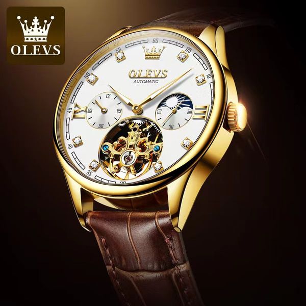 

olevs men's watch fully automatic mechanical hollow flywheel 40.5mm men's watch, Slivery;brown
