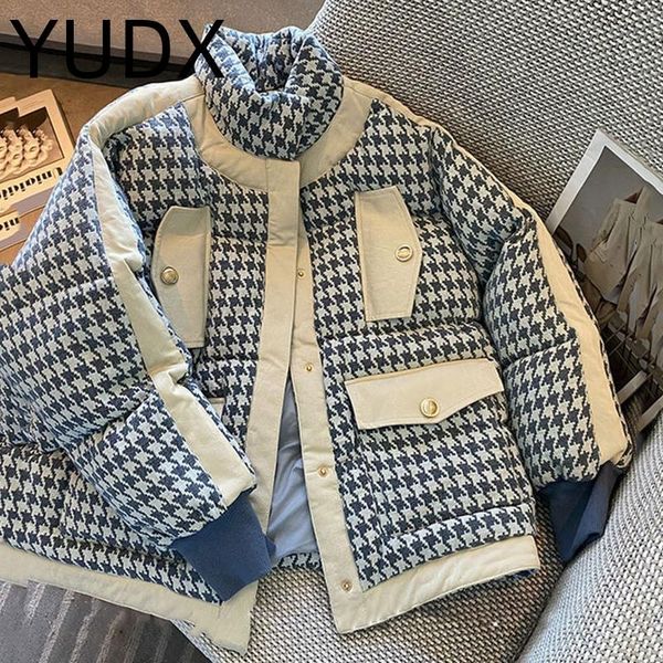 

dresses kbat fashion small fragrance houndstooth thick cotton jacket women's 2022 winter new fashion patchwork parka warm snow coat, Black;gray