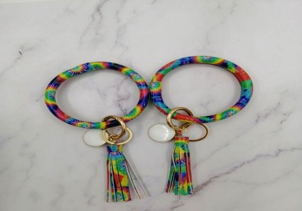 

tie dye bracelet keychain pu leather tassel bracelet keychains tiedyed round leather tassel bangle o key ring2886581, Slivery;golden